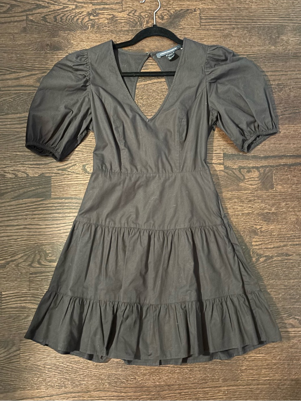 French Connection Black Puff-Sleeve Tiered Mini Dress